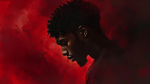 Crimson hush around a bowed man in contemplative shadow.