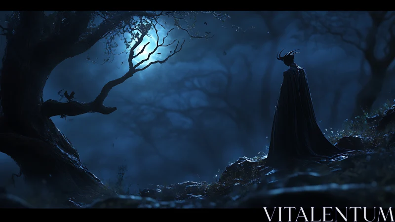 Horned cloaked figure surveys moonlit forest in dark fantasy