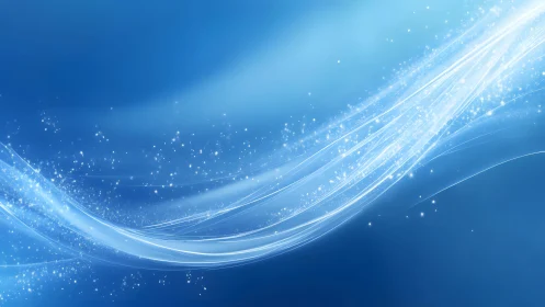 Abstract blue light waves with sparkling particles, digital art style.