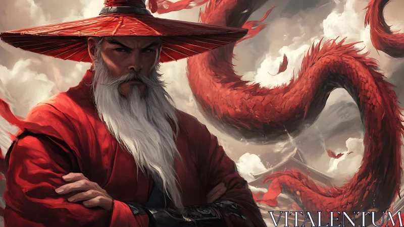 Wise red-robed guardian with swirling dragon companion.
