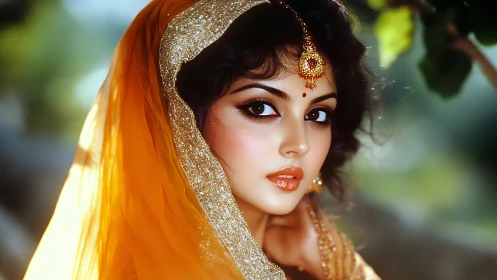 Portrait of woman in golden sari with traditional jewelry.