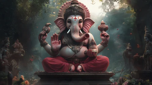 Elephant-headed deity statue rendered in dense forest setting