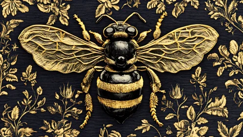 Golden bee relief rests over dark floral brocade background