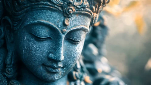 Serene stone deity portrait in warm bokeh backlight closeup.