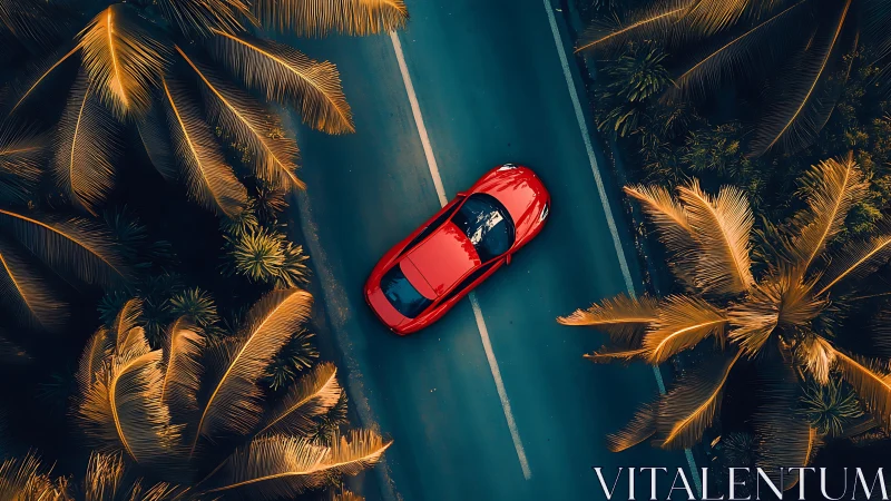 Aerial view isolates a red sports car amid tropical foliage