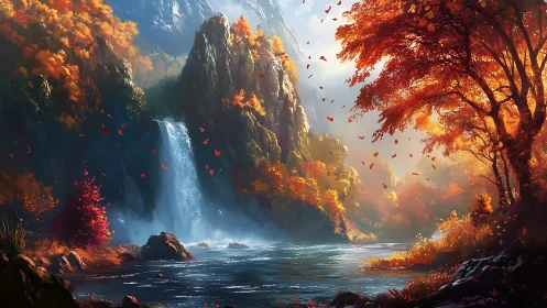 Autumn river valley with waterfall and distant rocky cliffs.