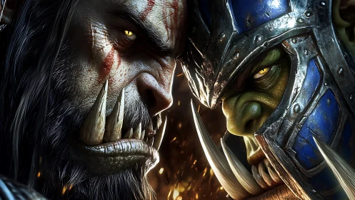 Hyperreal orc duel close-up with armored helm and war paint