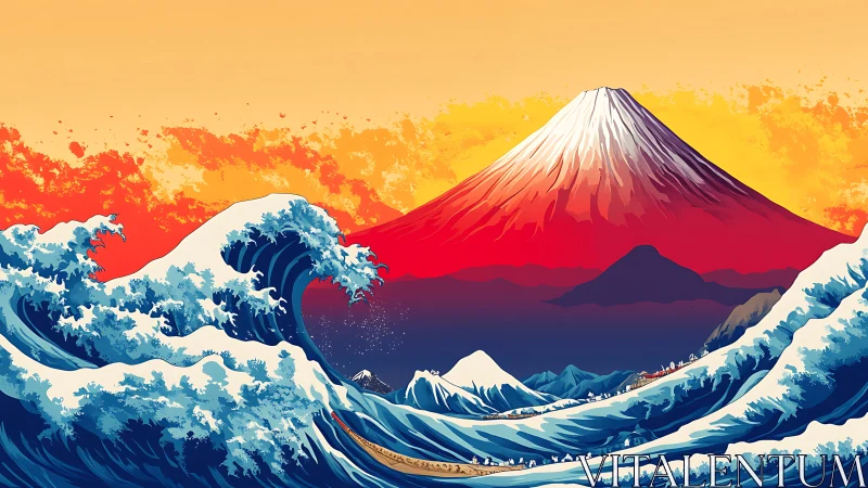 Radiant mountain and rolling waves in a bold sunset embrace.