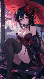 Anime woman with red umbrella sits in cherry blossom garden