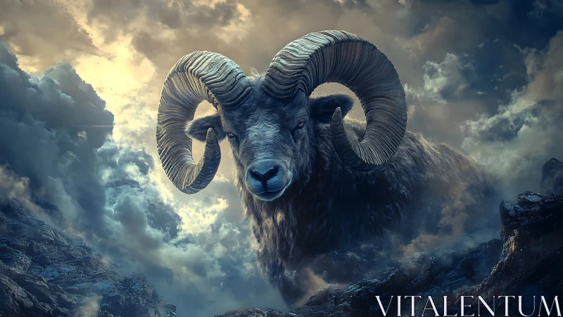 Colossal horned ram emerging through turbulent alpine clouds.