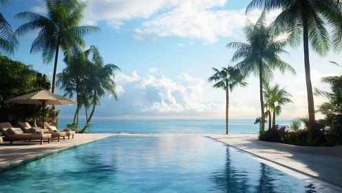 Photorealistic infinity pool with tropical beachfront vista.