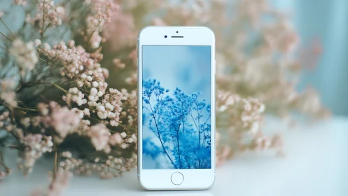 White iPhone displays blue wildflowers against soft pink blooms.