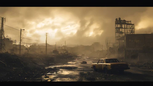 Deserted urban roadway with ruined buildings at sunset.