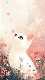 White Feline Portrait with Coral Ears Against Watercolor Gradient Backdrop