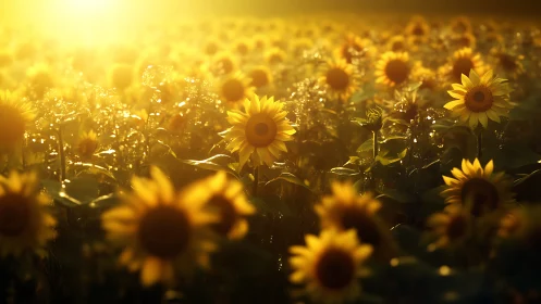 Sunlit sunflower meadow glowing in soft golden haze.