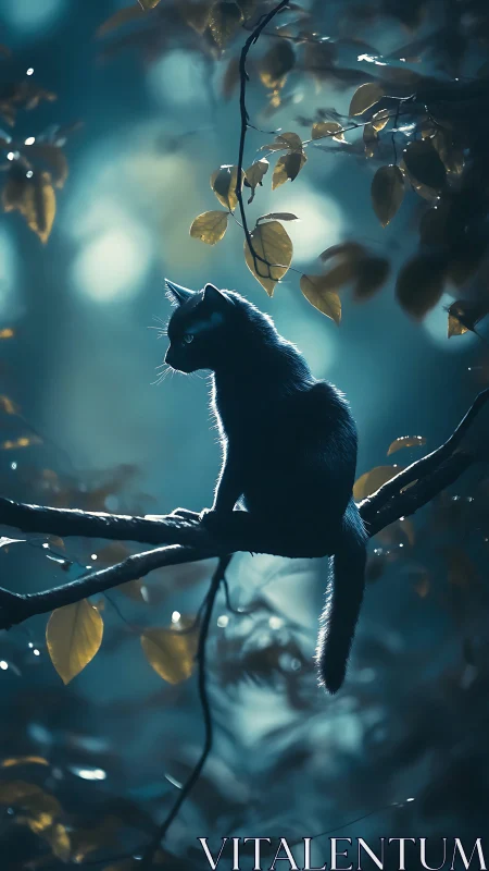 Midnight Guardian: Silhouette Watches Above Golden Leaves.