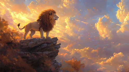 Majestic lion on rocky cliff under radiant sunset sky
