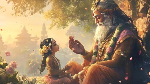 Elder and child in floral garlands amid temple landscape.