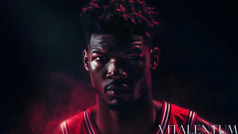 Intense basketball portrait under dramatic red lighting.