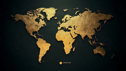 Gilded textured world map silhouette on deep matte black field