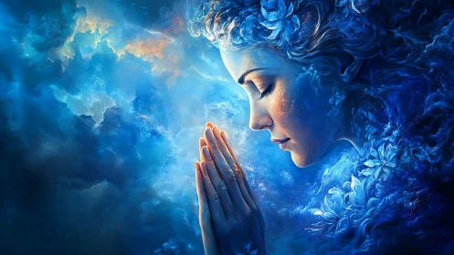 Celestial blue spirit prays within swirling cosmic clouds