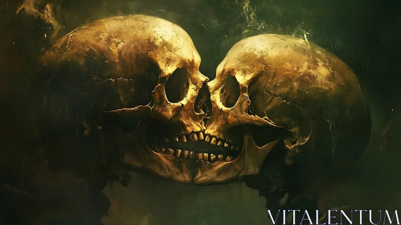 Interlocking skulls in ochre light within murky void.