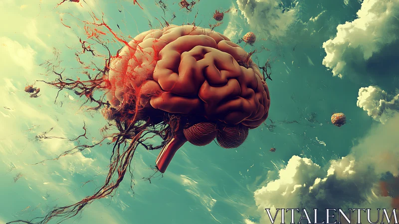 Surreal floating brain with branching nerves in sky clouds.