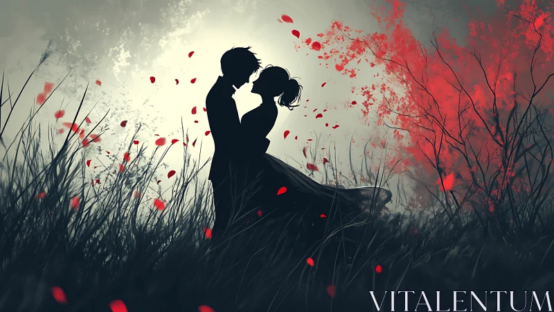 Silhouetted Romance Blooms Where Crimson Petals Dance.