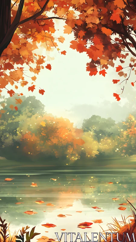 Autumn foliage canopy frames reflective lake with diffused backlight