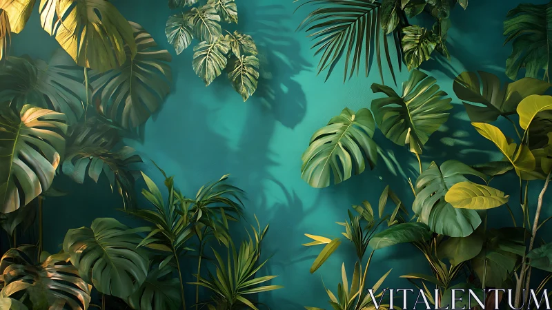 Lush tropical leaves cast soft shadows on a teal wall