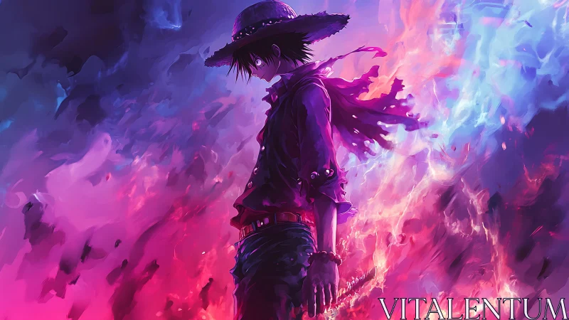 Solitary anime swordsman immersed in bifurcated neon flames