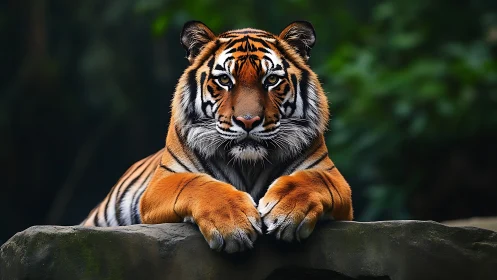 Tiger rests on rock ledge with paws forward and direct gaze