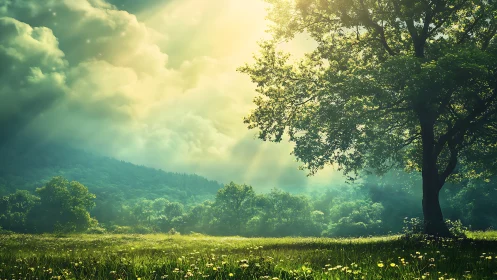 Sunlit meadow and oak rendered in atmospheric digital realism