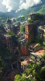 Sunlit jungle reclaiming a crumbling hilltop city ruin.