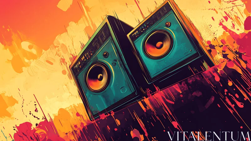 Vibrant teal speakers suspended in explosive neon splatter.