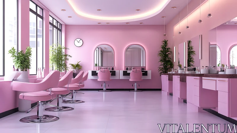 Pastel pink salon interior with glossy modern workstations.
