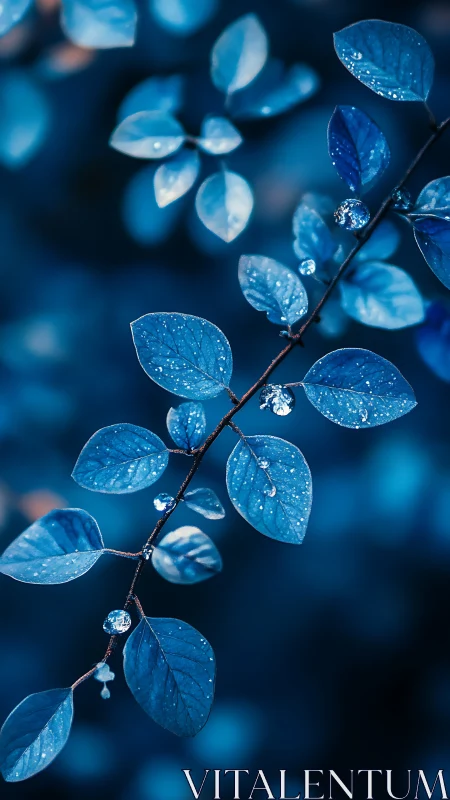 Glistening blue leaves with dewdrops in soft bokeh glow.