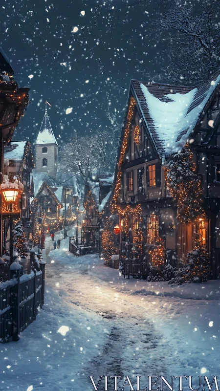 Snow-covered village street with festive warm lighting at night.