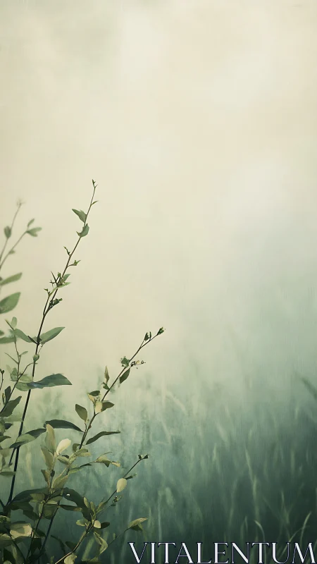 Gentle green stems rise quietly through soft morning haze