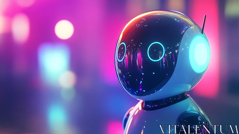 Playful neon robot gazes into a glowing futuristic cityscape
