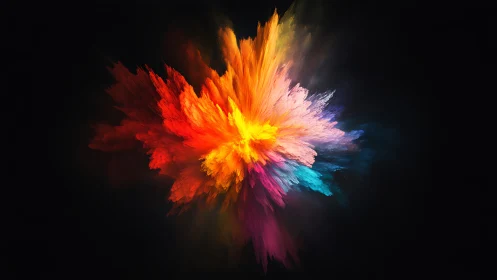 Exploding multicolor paint burst on deep black background.