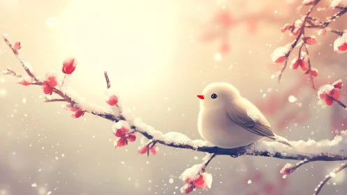 White Robin Resting on Snowy Branch with Pink Cherry Blossoms