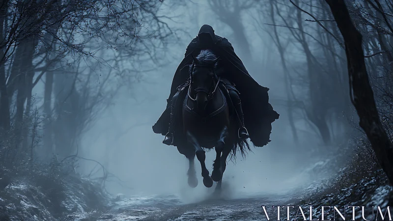 Shrouded rider urges a dark horse through a misty forest night