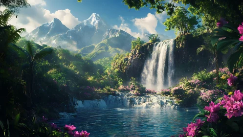 Mountain valley waterfall with dense vegetation and pool.