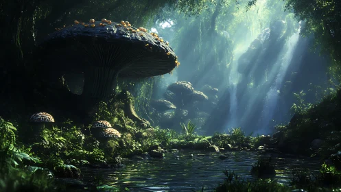 Bioluminescent Forest Cavern with Waterfall and Giant Mushroom