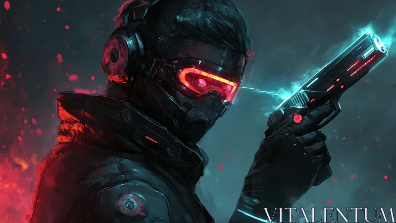 Cyberpunk gunslinger with neon visor and tactical pistol.