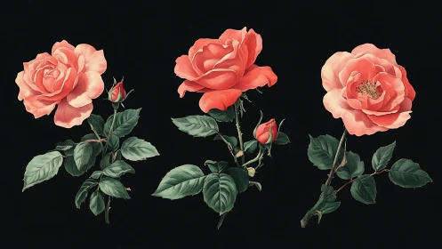 Three coral roses against black background in botanical illustration style.