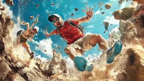 Hikers descending unstable rocky slope under clear sky.