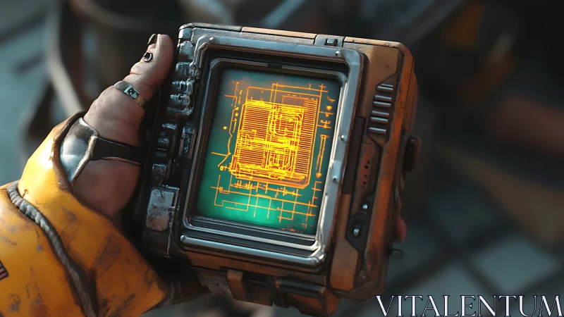 Handheld sci fi gadget glowing with bright orange blueprint.