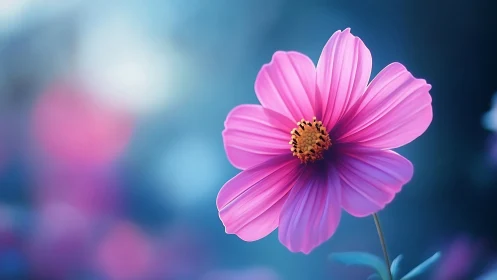 Pink Cosmos Flower Against Blue Bokeh Background.